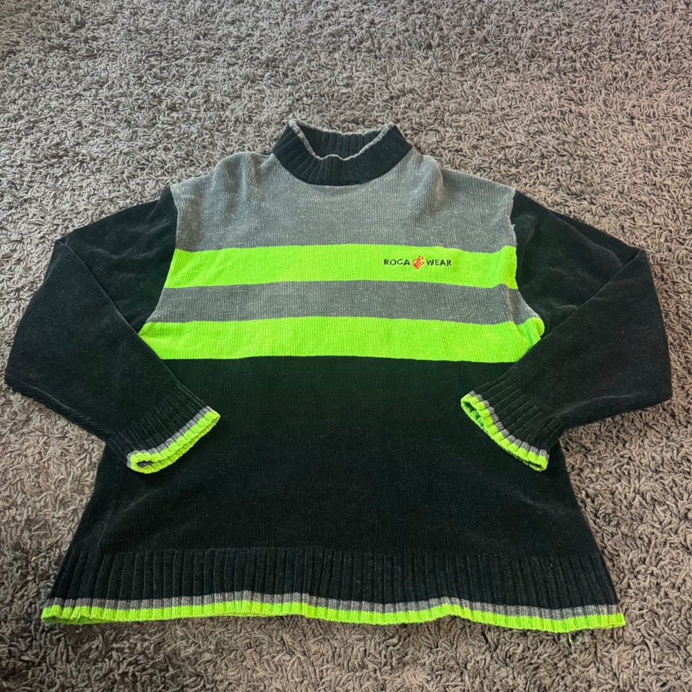 Y2K Rocawear Men's XL Mock Neck Pullover Sweater‎ Gray Green Black Retro Knit